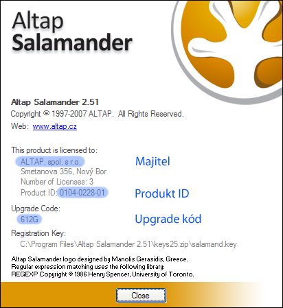 Altap Salamander 2.51: okno About (O programu)