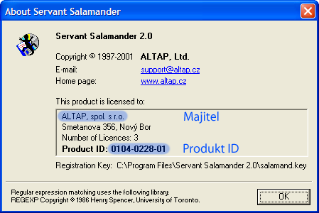 Servant Salamander 2.0: okno O programu (About)