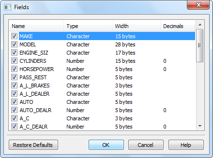 Fields (columns) of the displayed DBF file 