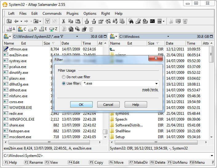 Filter file names to *.exe with Altap Salamander