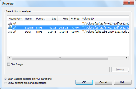 Undelete - Choose disk to scan